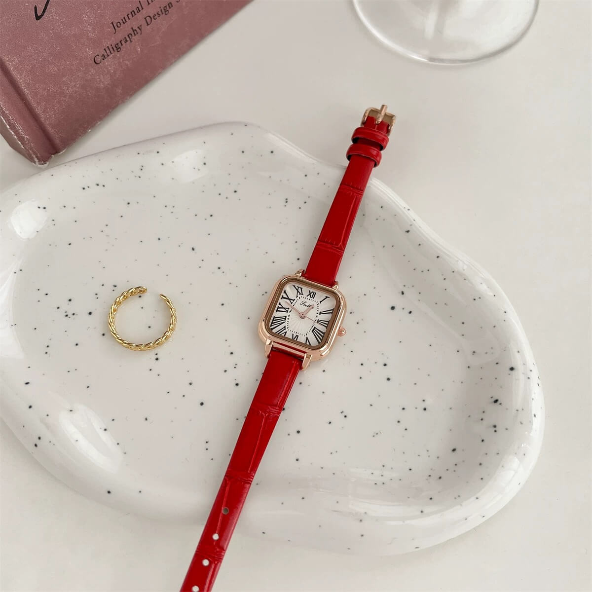 Danity Square Face Brown/Black/Red Leather Watch