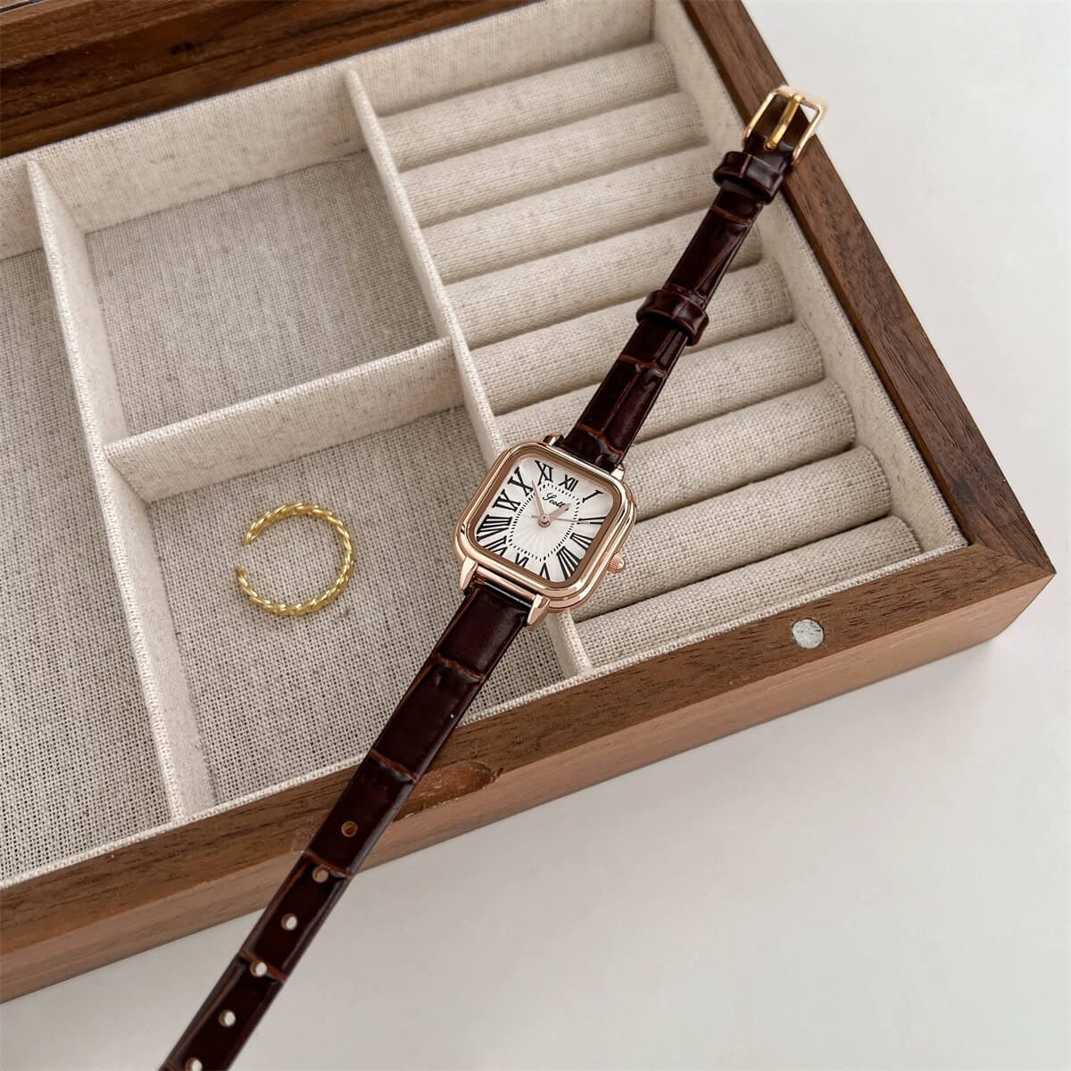 Danity Square Face Brown/Black/Red Leather Watch