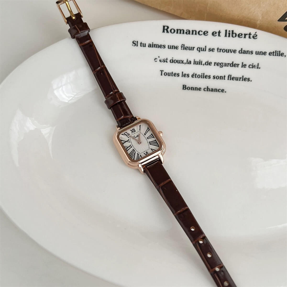 Danity Square Face Brown/Black/Red Leather Watch