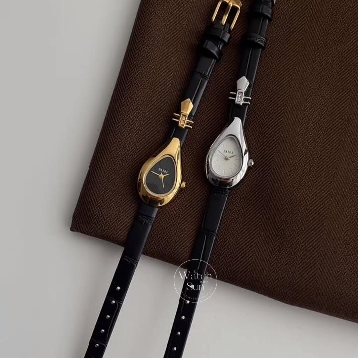 Dainty Black-Gold/Silver Water Drop Shape Leather Watch