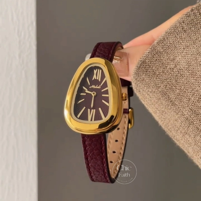 Retro Black/Burgundy Snake Head Shape Leather Watch for Women