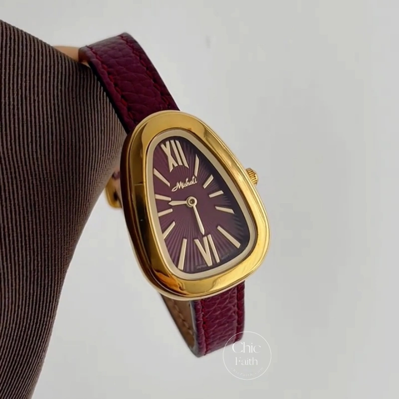 Retro Black/Burgundy Snake Head Shape Leather Watch for Women