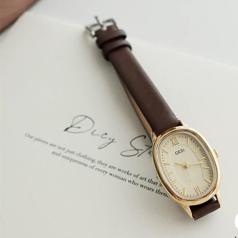 Chic Black/Brown Oval Leather Watch for Women