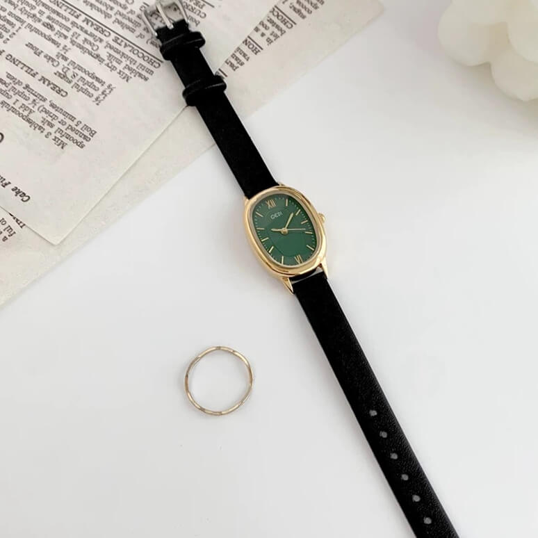 Classic Black-Emerald Green Oval Leather Wristwatch