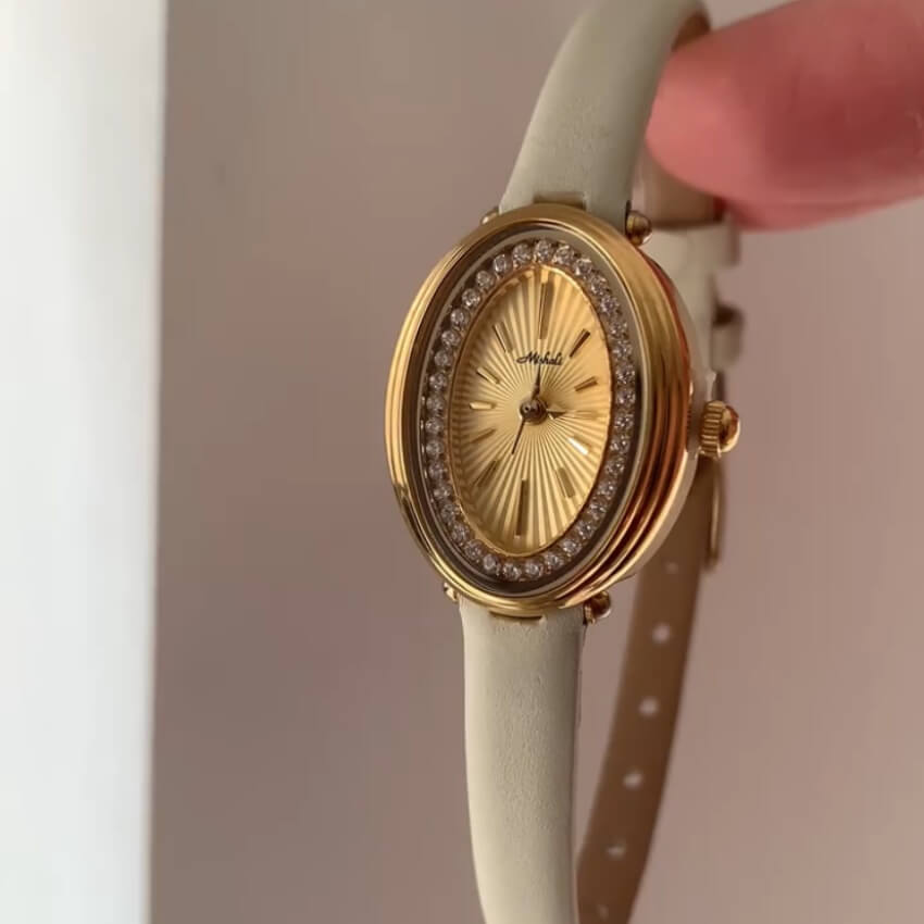 Vintage-Inspired Gold Small Oval Face Leather Watch