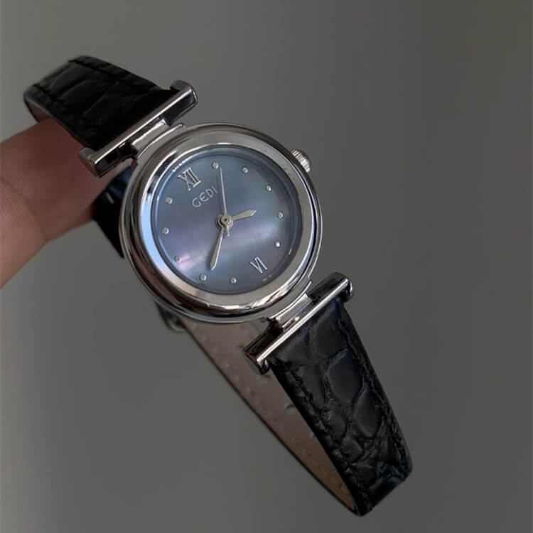 Chic Black Band Blue Mother of Pearl Leather Wristwatch