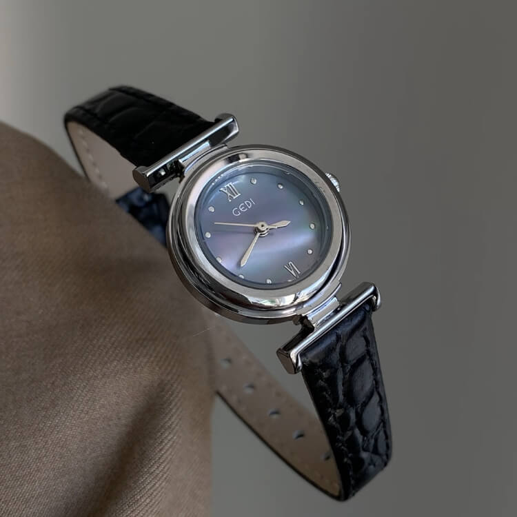 Chic Black Band Blue Mother of Pearl Leather Wristwatch