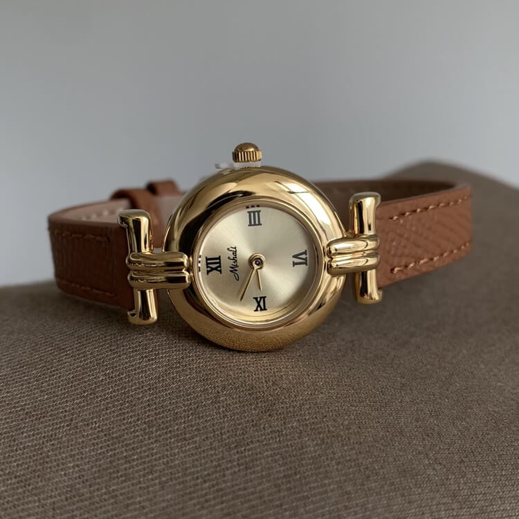 Dainty Brown-Gold Round Leather Watch for Women