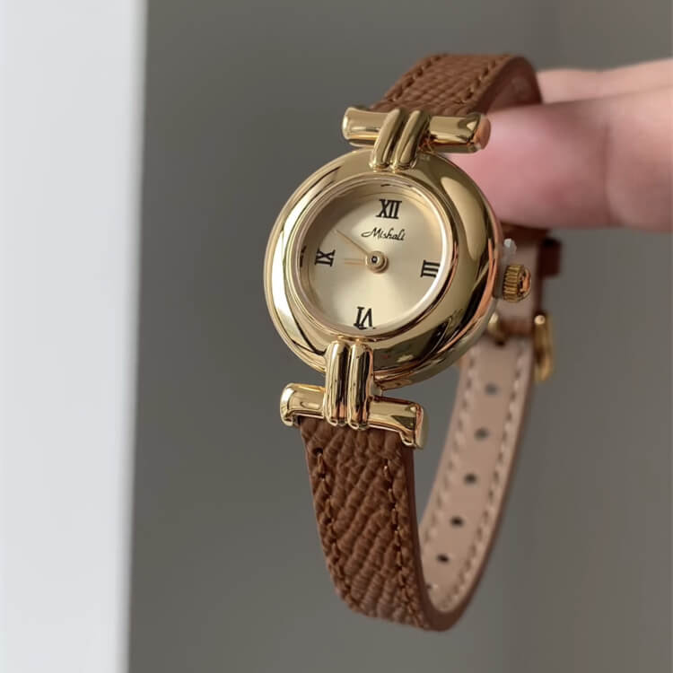 Dainty Brown-Gold Round Leather Watch for Women