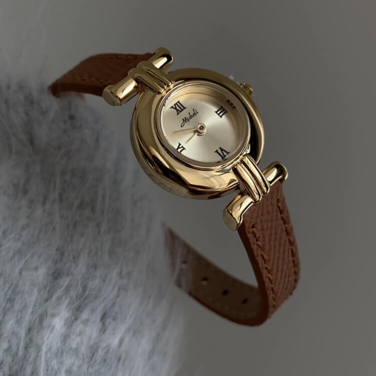 Dainty Brown-Gold Round Leather Watch for Women
