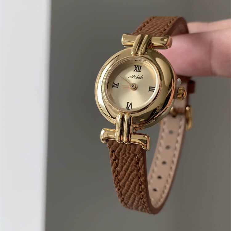 Dainty Brown-Gold Round Leather Watch for Women