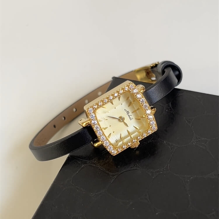 Chic Style Black-Gold Diamond Square Leather Wristwatch
