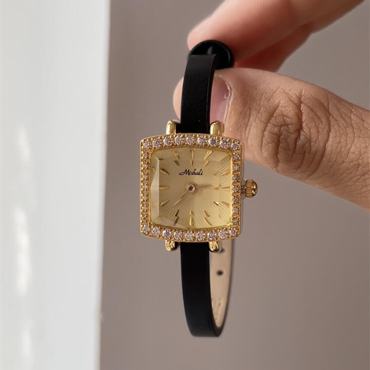 Chic Style Black-Gold Diamond Square Leather Wristwatch