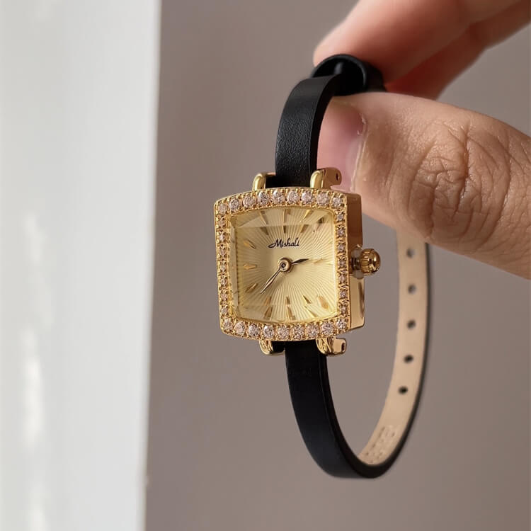 Chic Style Black-Gold Diamond Square Leather Wristwatch