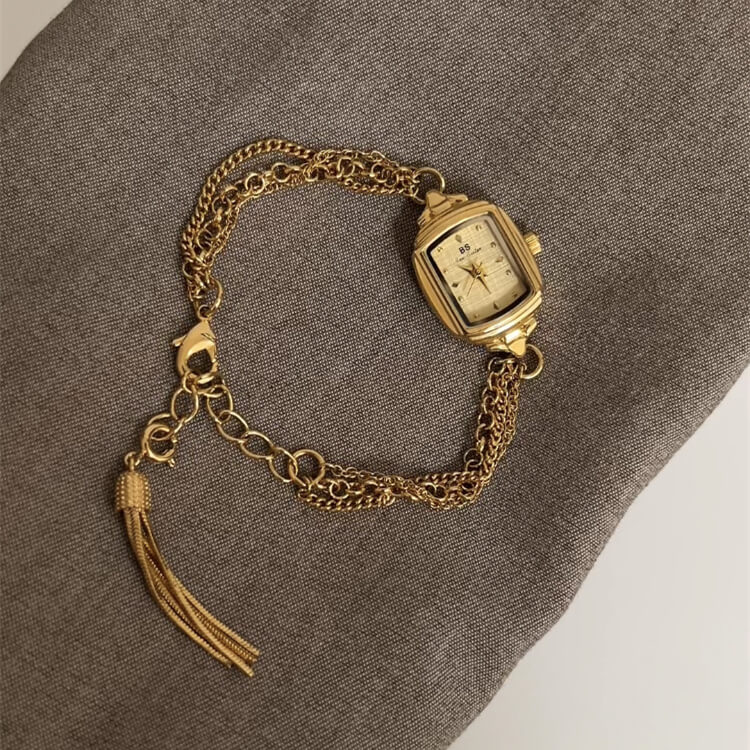 Dainty Silver/Gold Rectangle Mother of Pearl Tassel Chain Watch