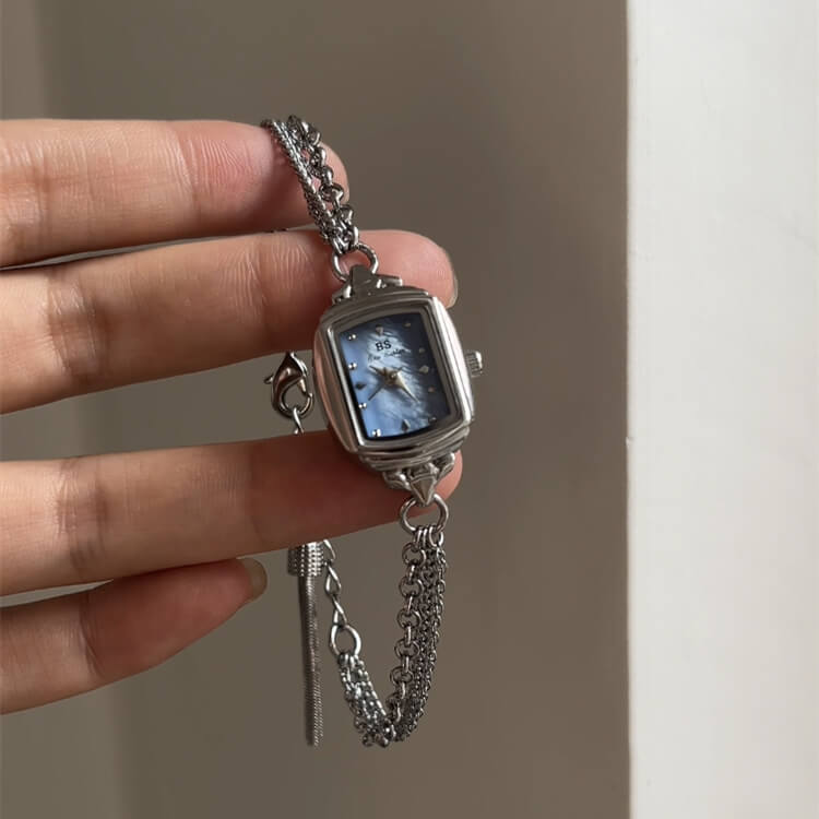 Dainty Silver/Gold Rectangle Mother of Pearl Tassel Chain Watch