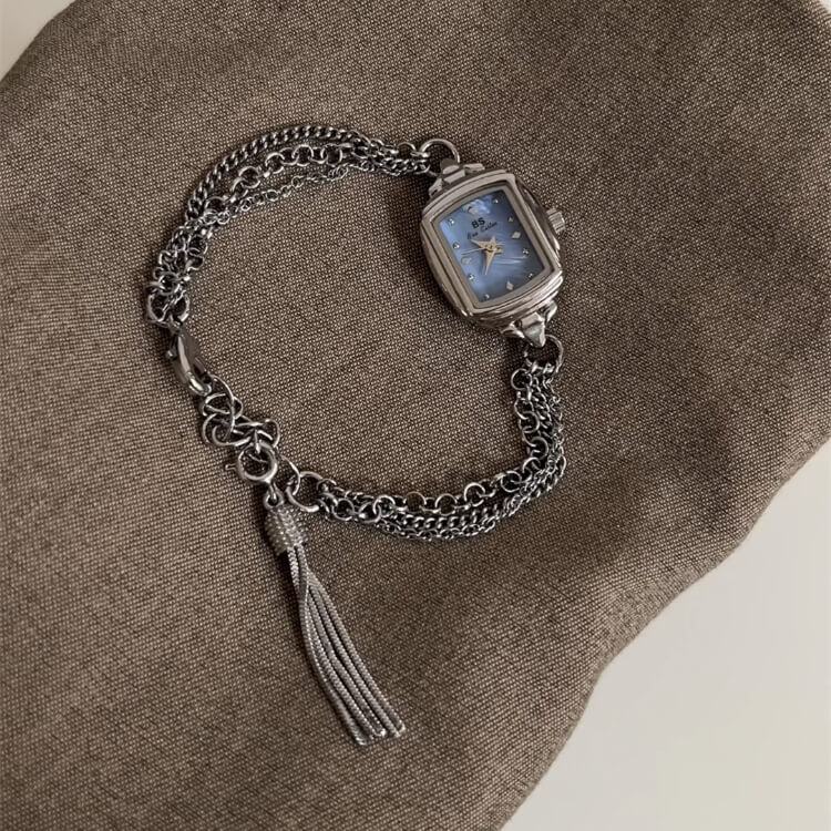 Dainty Silver/Gold Rectangle Mother of Pearl Tassel Chain Watch