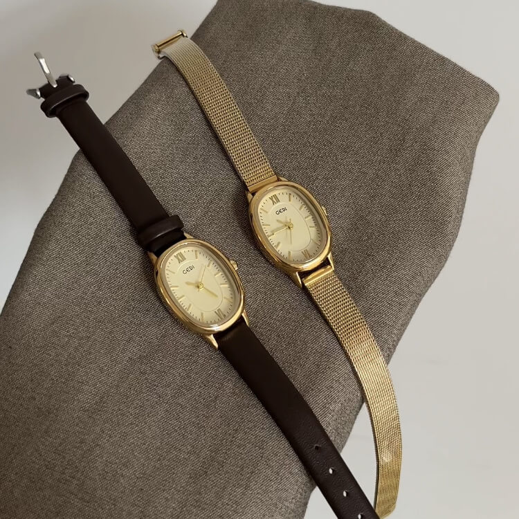 Vintage Style Golden Oval Leather/ Stainless Steel Watch