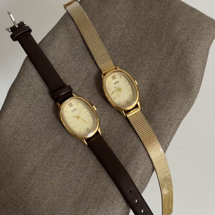 Vintage Style Golden Oval Leather/ Stainless Steel Watch
