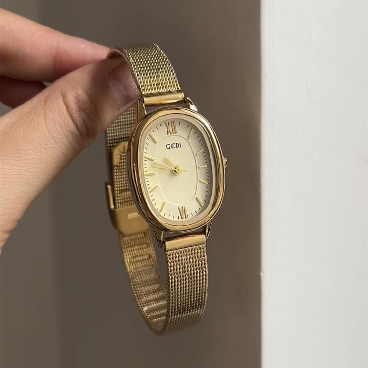 Vintage Style Golden Oval Leather/ Stainless Steel Watch