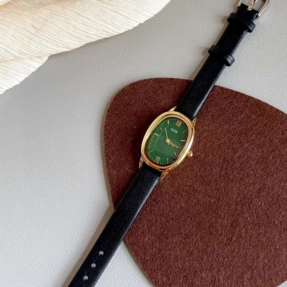 Classic Black-Emerald Green Oval Leather Wristwatch