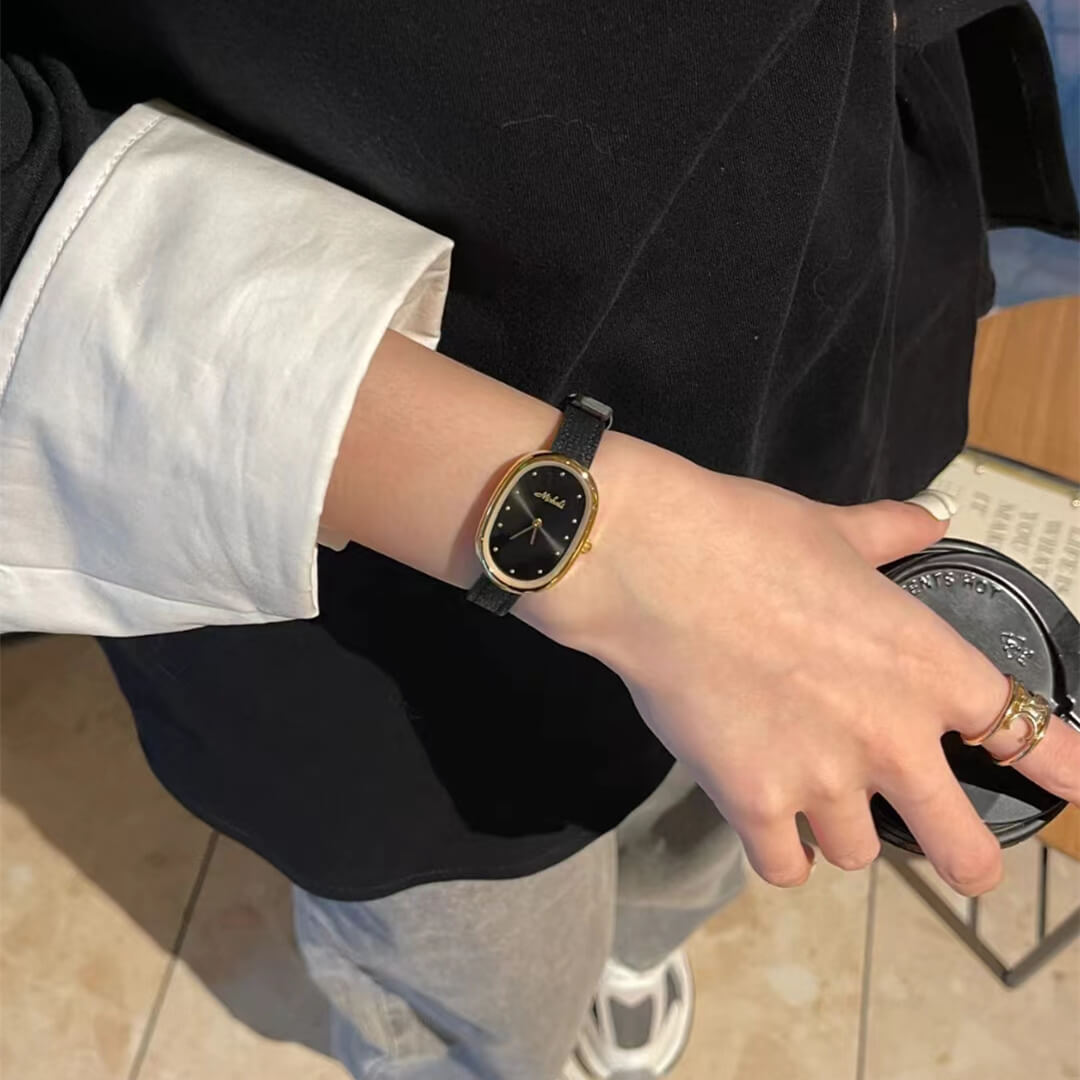 Minimalist Style Orange/Black Black Leather Watch