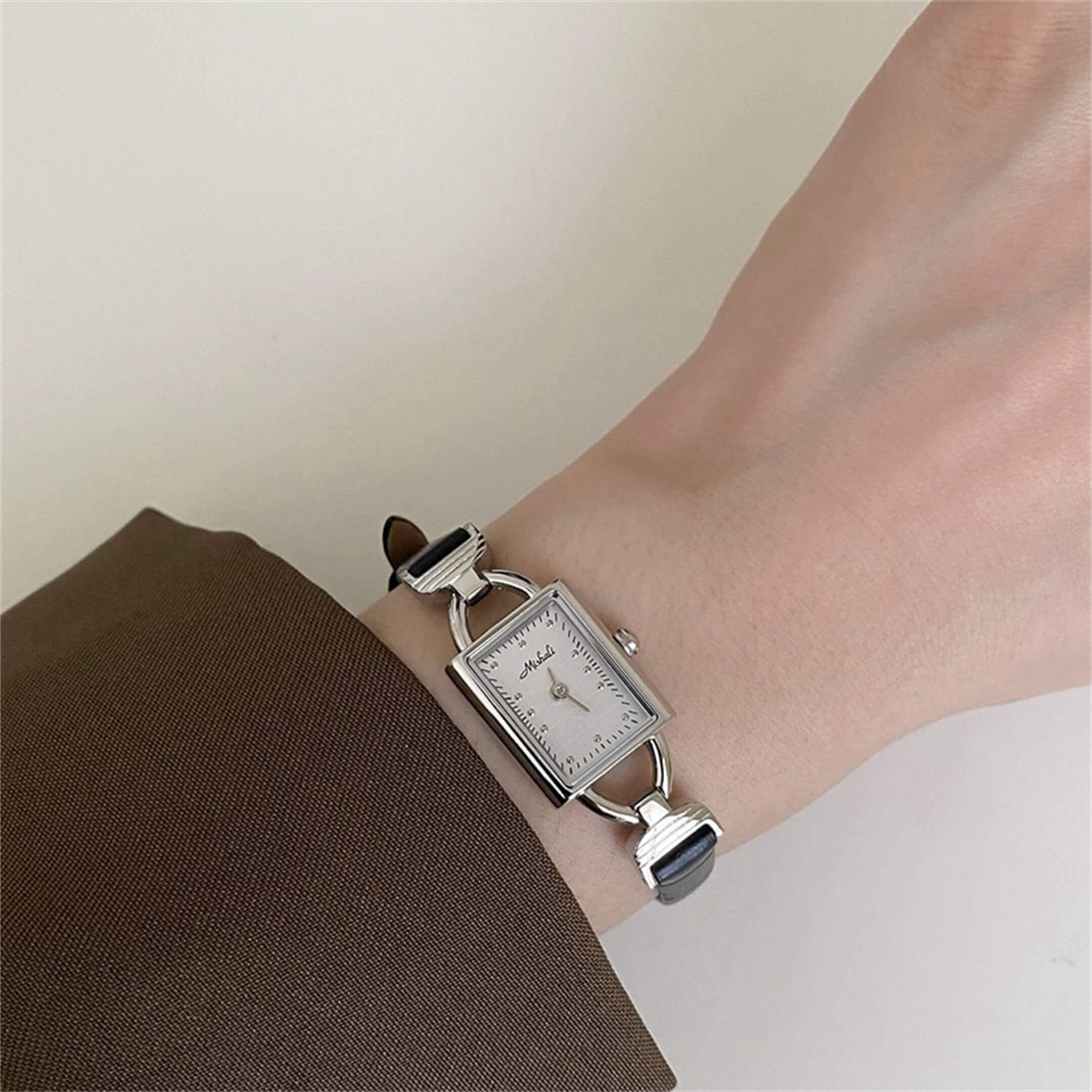 Chic Style Black Rectangle Leather Watch for Women