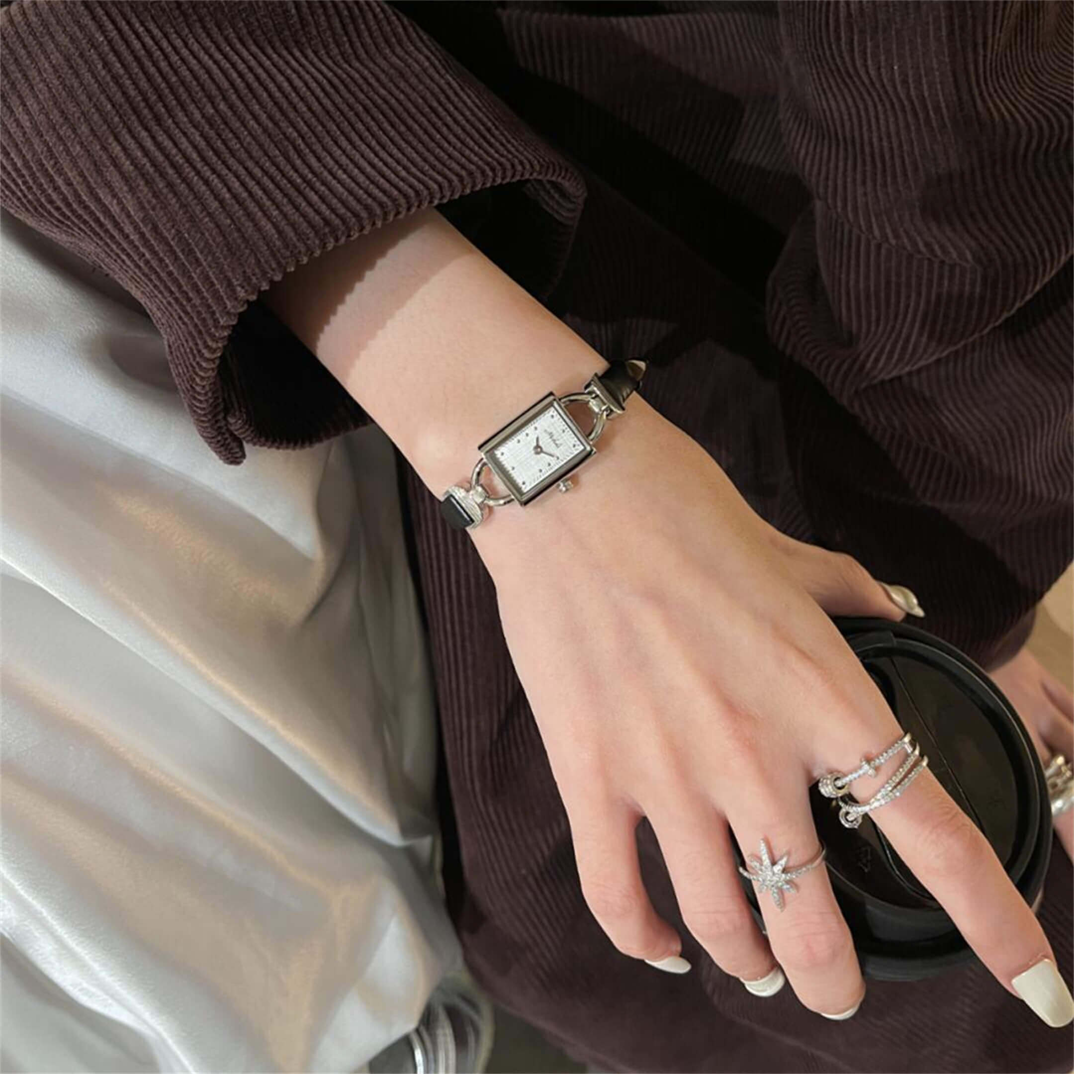 Chic Style Black Rectangle Leather Watch for Women
