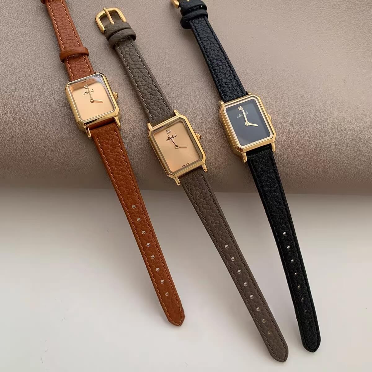 Minimalist Style Black Rectangle Genuine Leather Women’s Watch