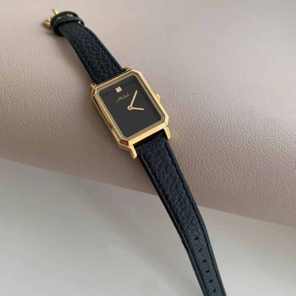 Minimalist Style Black Rectangle Genuine Leather Women’s Watch