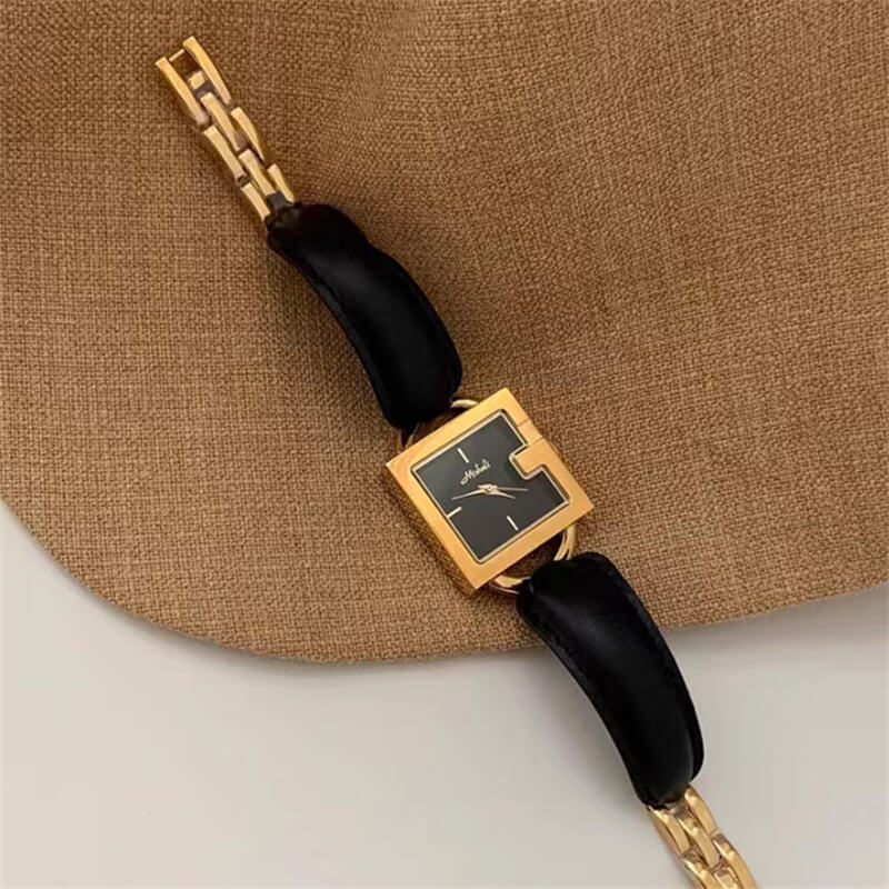 Dainty Black Square Leather Bracelet Wristwatch
