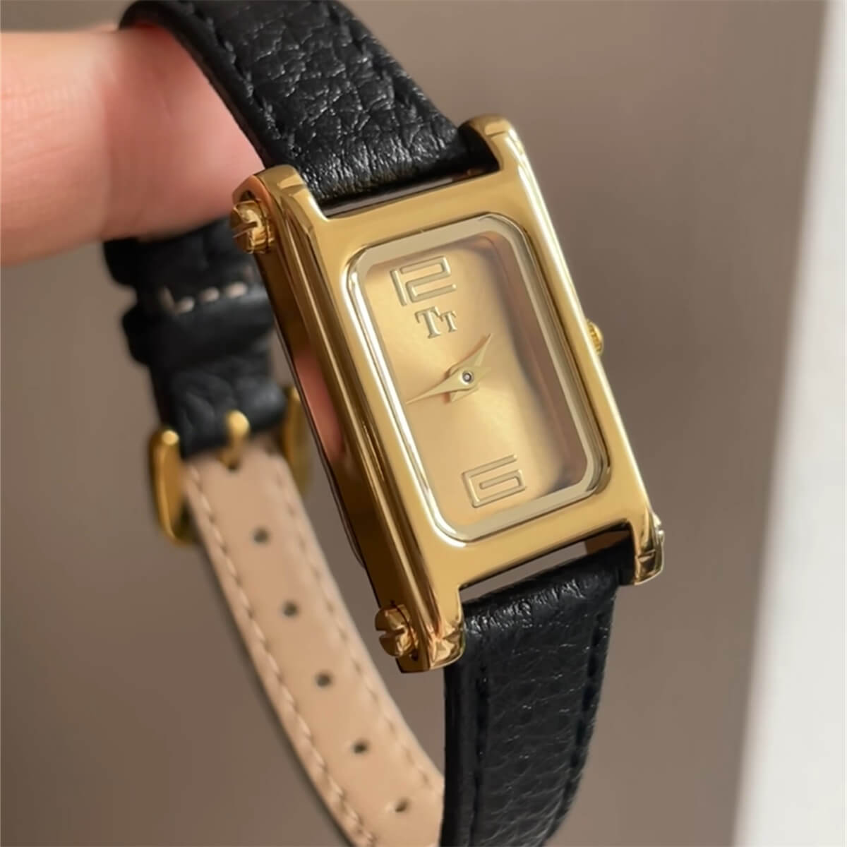 Square Face Black/Grey Leather Gold Watch