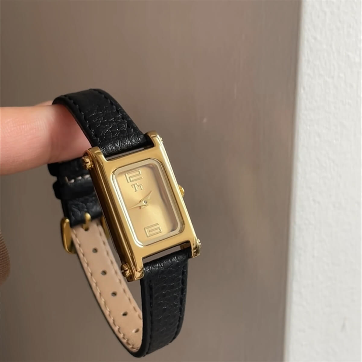 Square Face Black/Grey Leather Gold Watch