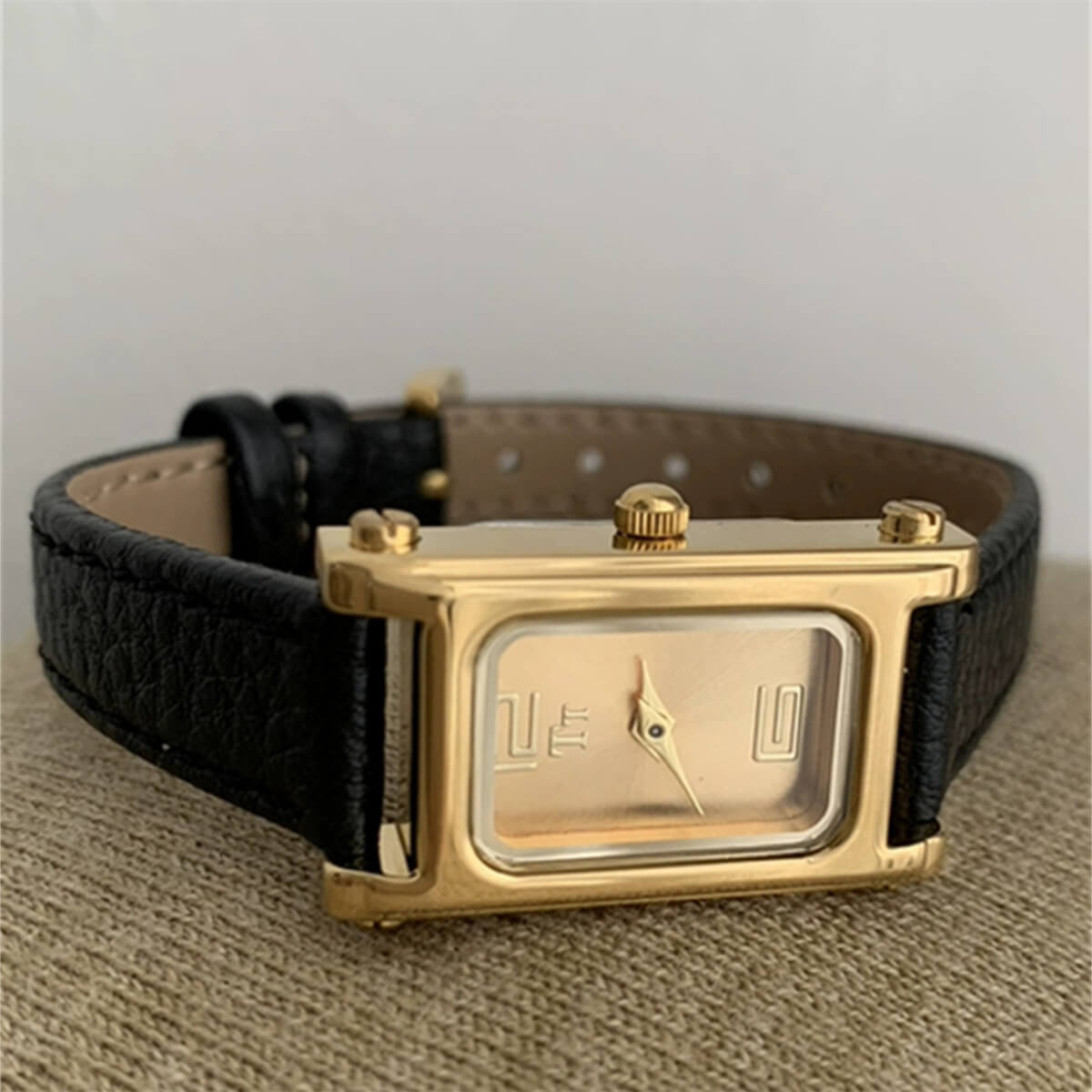 Square Face Black/Grey Leather Gold Watch
