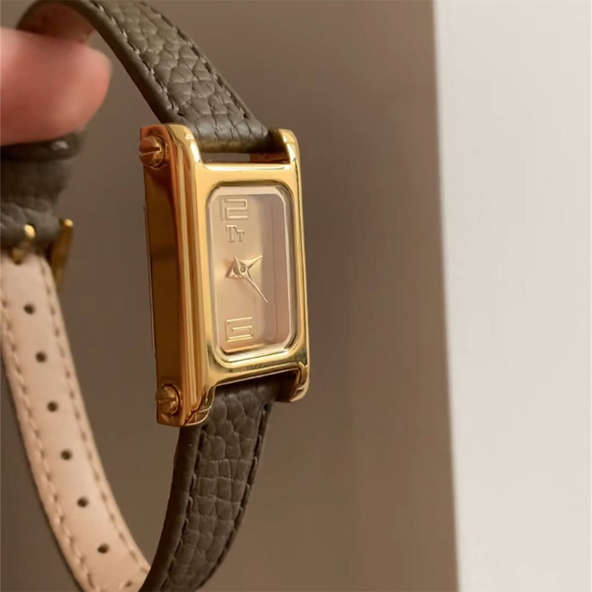 Square Face Black/Grey Leather Gold Watch