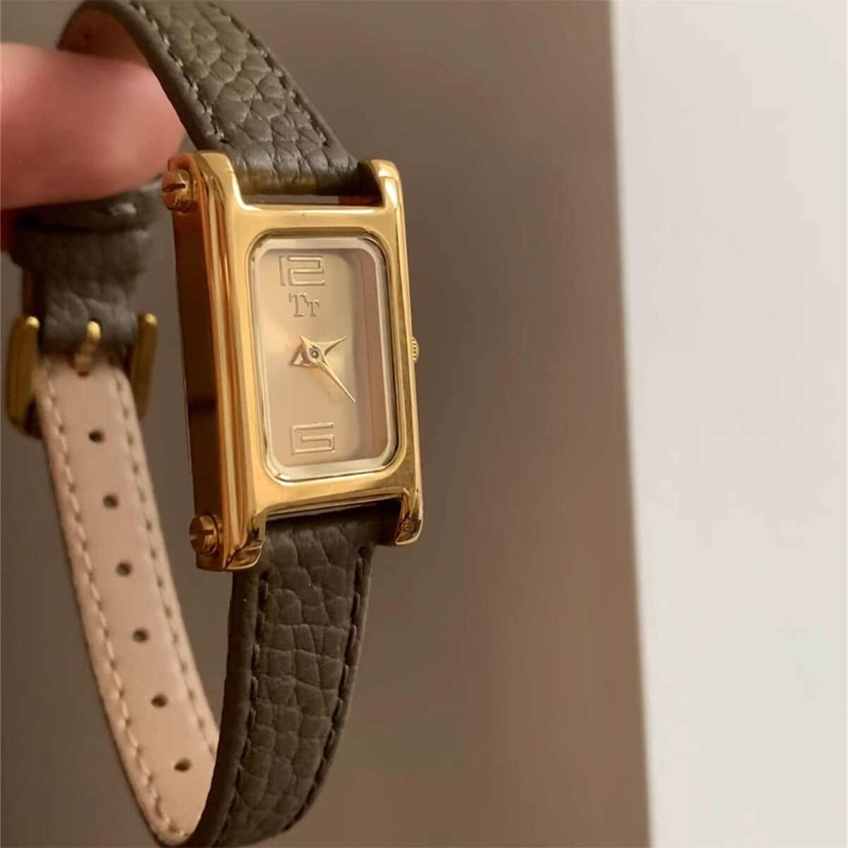 Square Face Black/Grey Leather Gold Watch