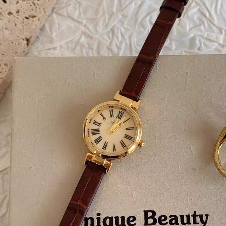 Chic Style Brown/Black Round Leather Watch for Women