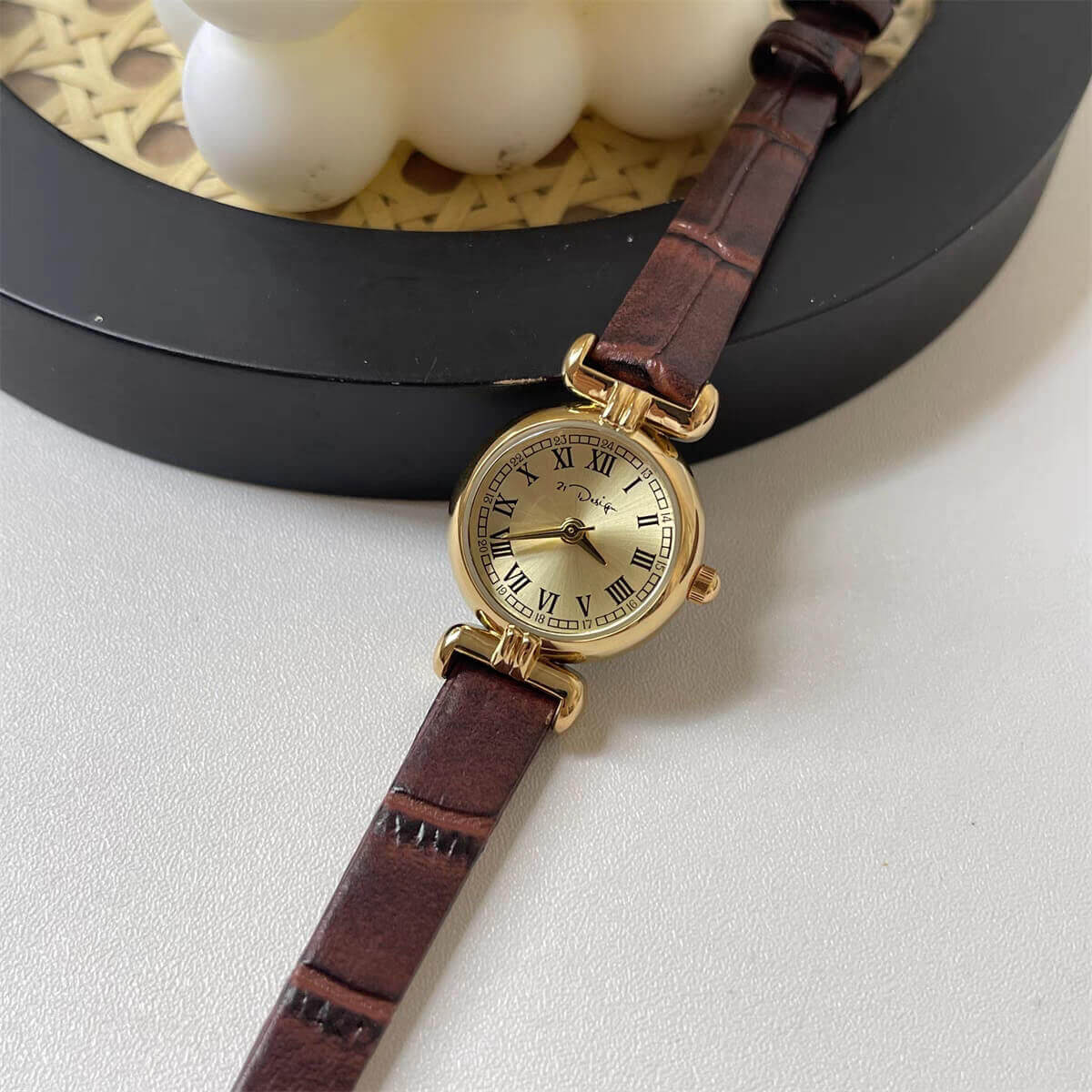 Vintage Style Brown-Gold Square Leather Watch for Women