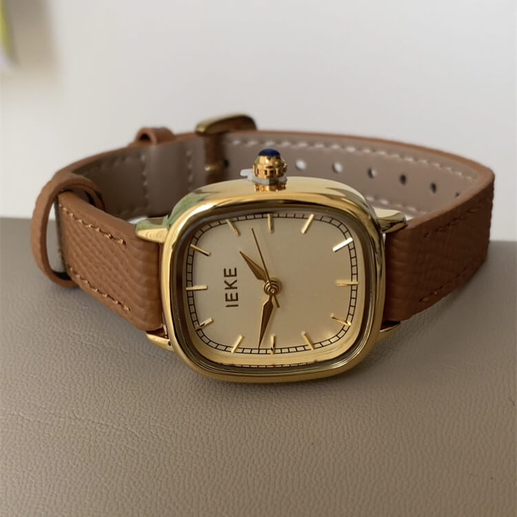 Vintage Style Brown-Gold Square Leather Watch for Women