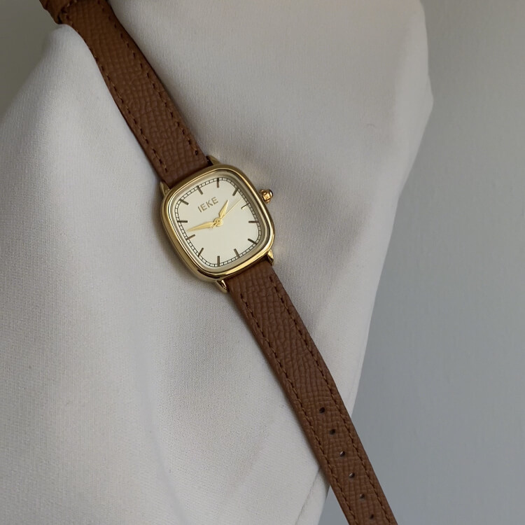 Vintage Style Brown-Gold Square Leather Watch for Women