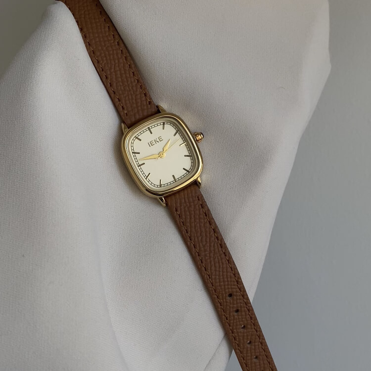 Vintage Style Brown-Gold Square Leather Watch for Women