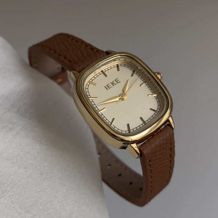 Vintage Style Brown-Gold Square Leather Watch for Women