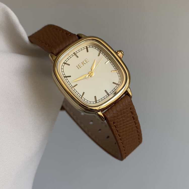 Vintage Style Brown-Gold Square Leather Watch for Women