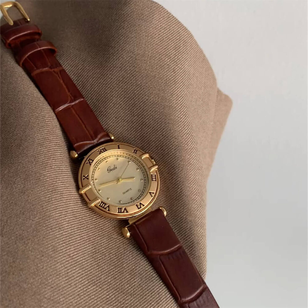 Vintage Style Brown/Black Leather Round Gold Face Watch