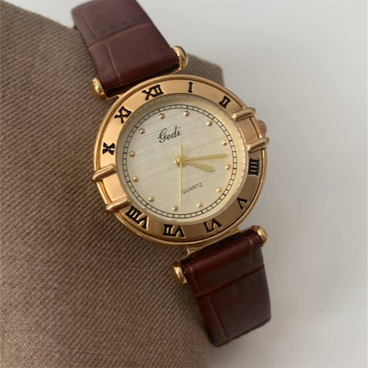 Vintage Style Brown/Black Leather Round Gold Face Watch