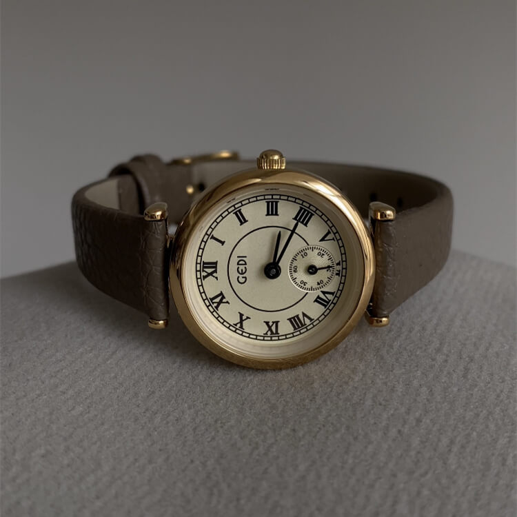 Classic Brown Roman Numerals Round Genuine Leather Watch