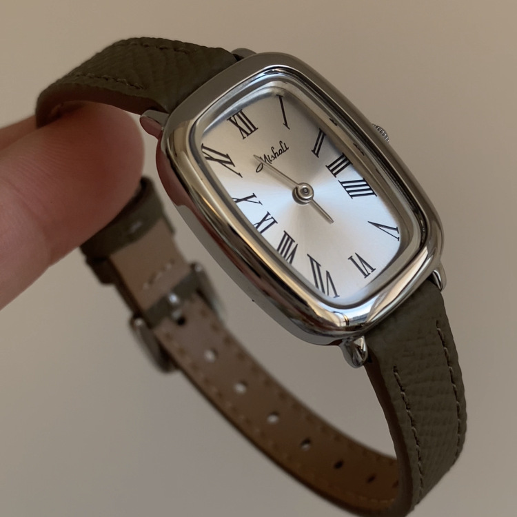 Classic Brown-Silver Rectangle Genuine Leather Watch