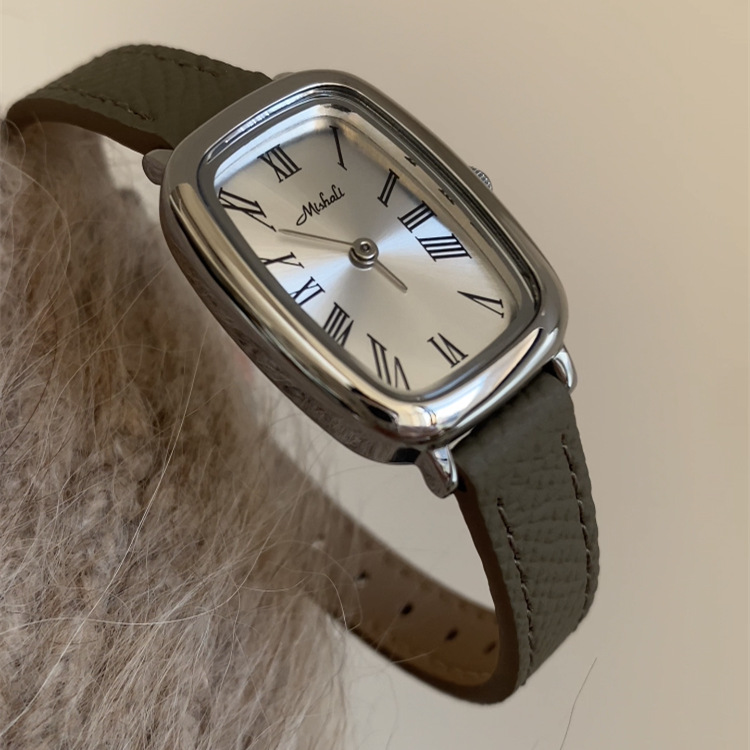 Classic Brown-Silver Rectangle Genuine Leather Watch