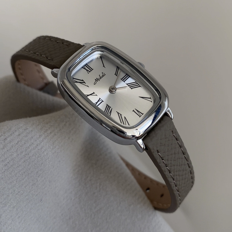 Classic Brown-Silver Rectangle Genuine Leather Watch