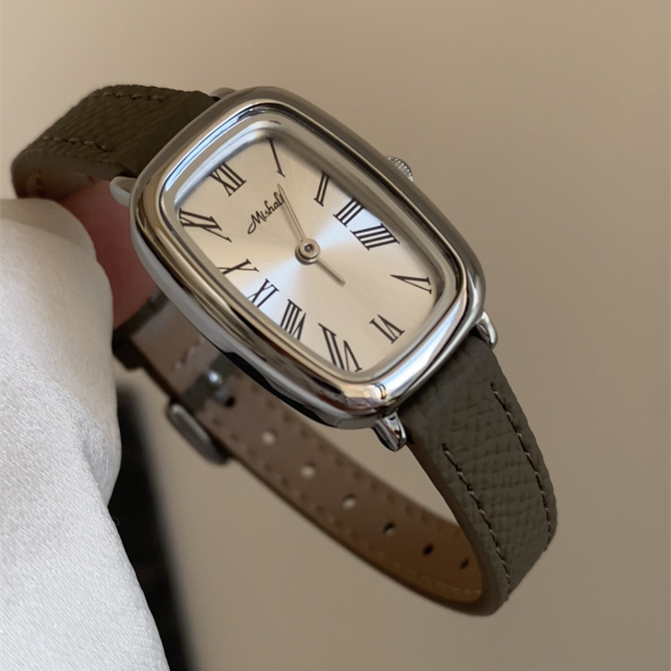 Classic Brown-Silver Rectangle Genuine Leather Watch